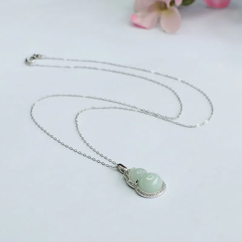 Sterling Silver Gourd Pendant Necklace with Natural Myanmar Jade and Full Zircon