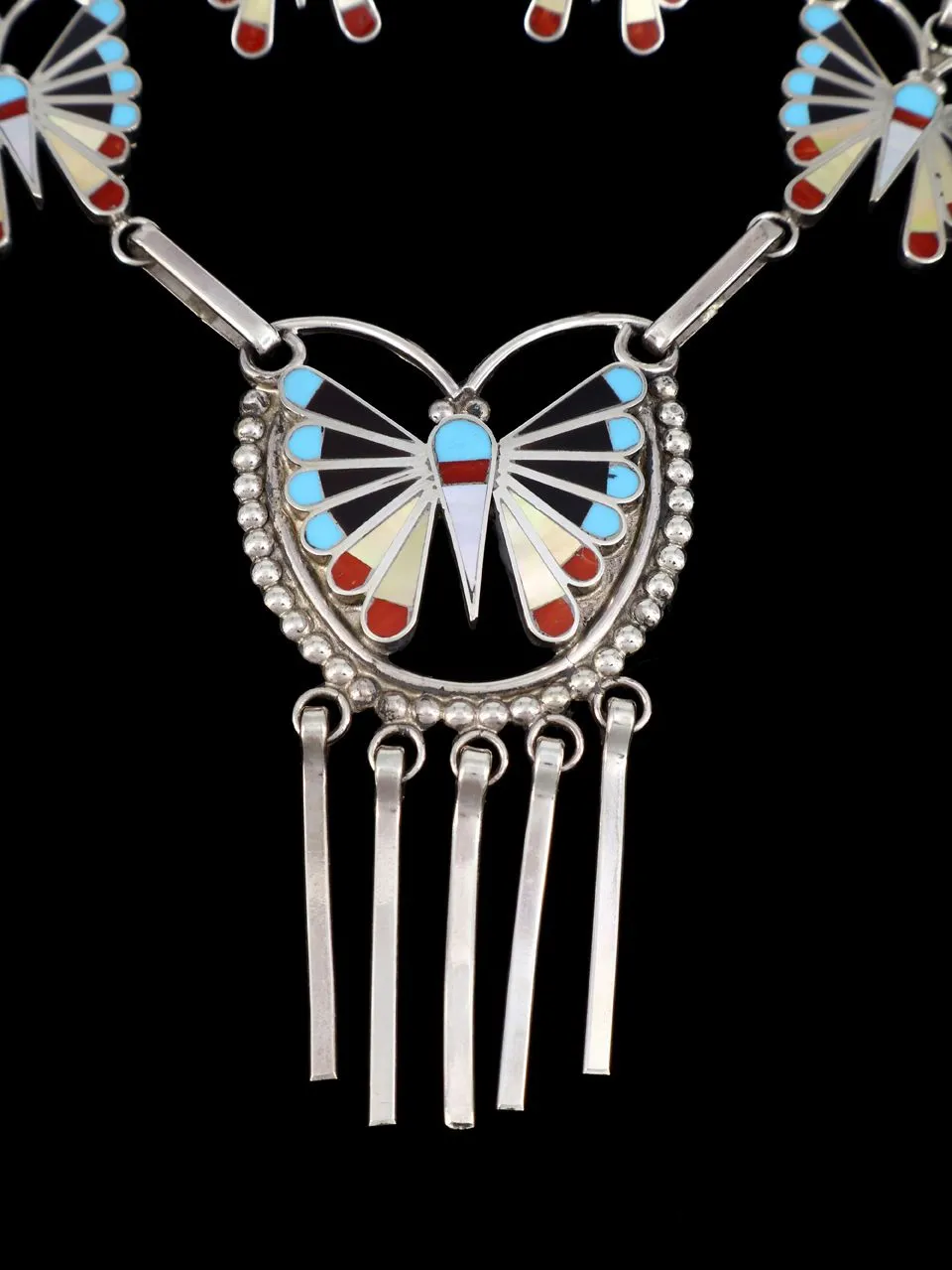 Sterling Silver Native American Zuni Inlay Butterfly Necklace Set