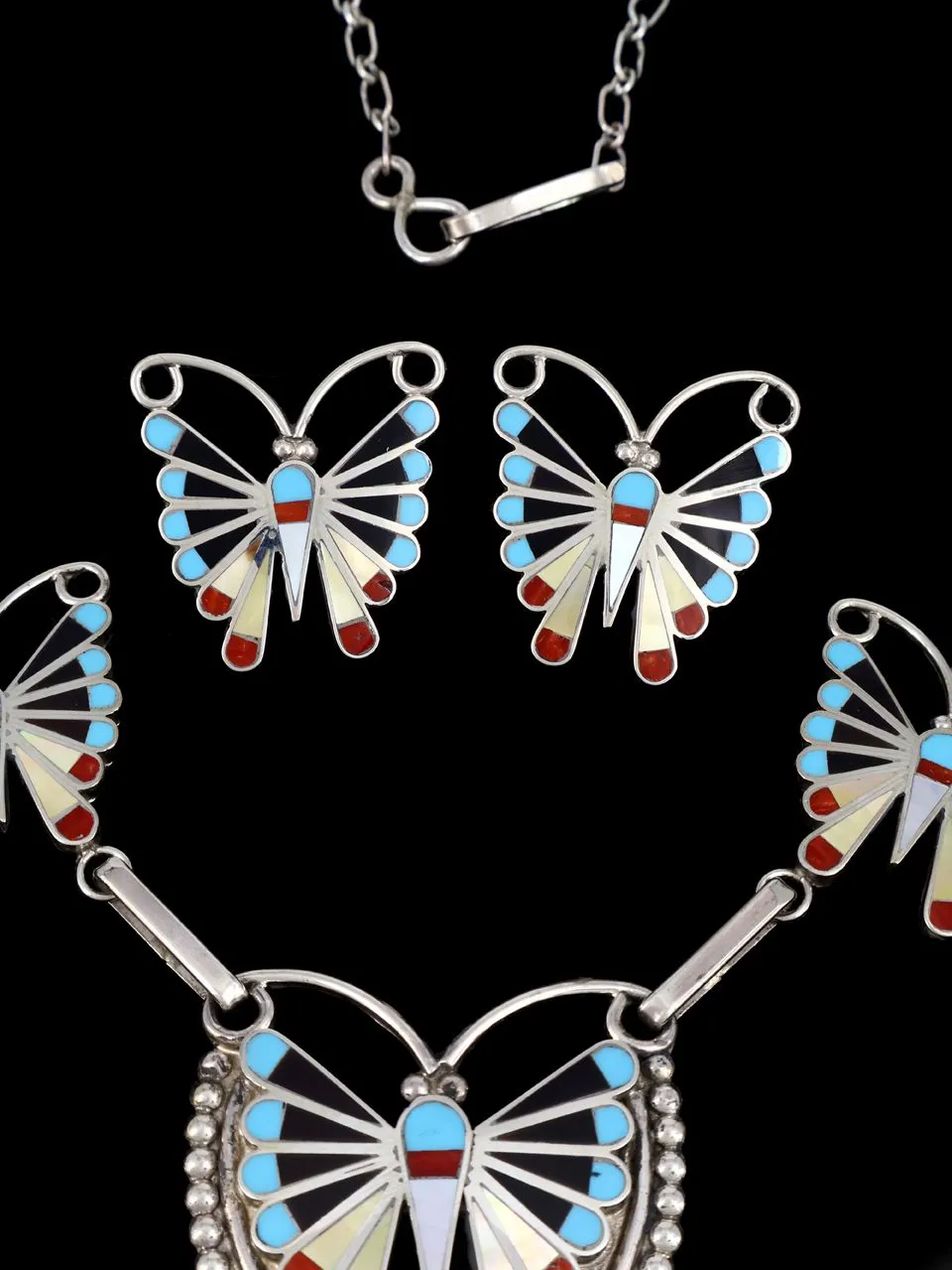 Sterling Silver Native American Zuni Inlay Butterfly Necklace Set