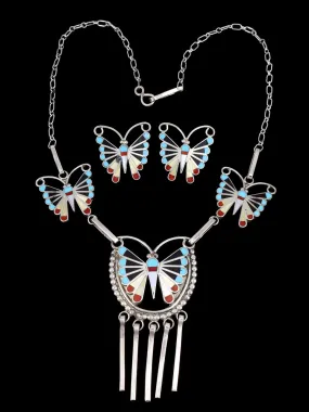 Sterling Silver Native American Zuni Inlay Butterfly Necklace Set