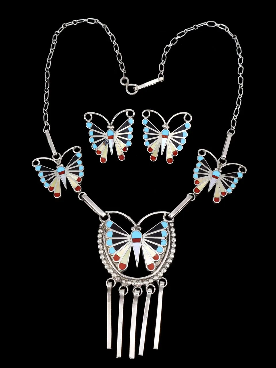 Sterling Silver Native American Zuni Inlay Butterfly Necklace Set