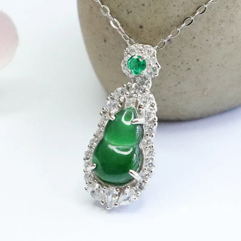 Sterling Silver Necklace with Natural Ice Green Jade and Zircon Little Flower