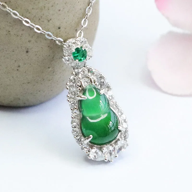 Sterling Silver Necklace with Natural Ice Green Jade and Zircon Little Flower