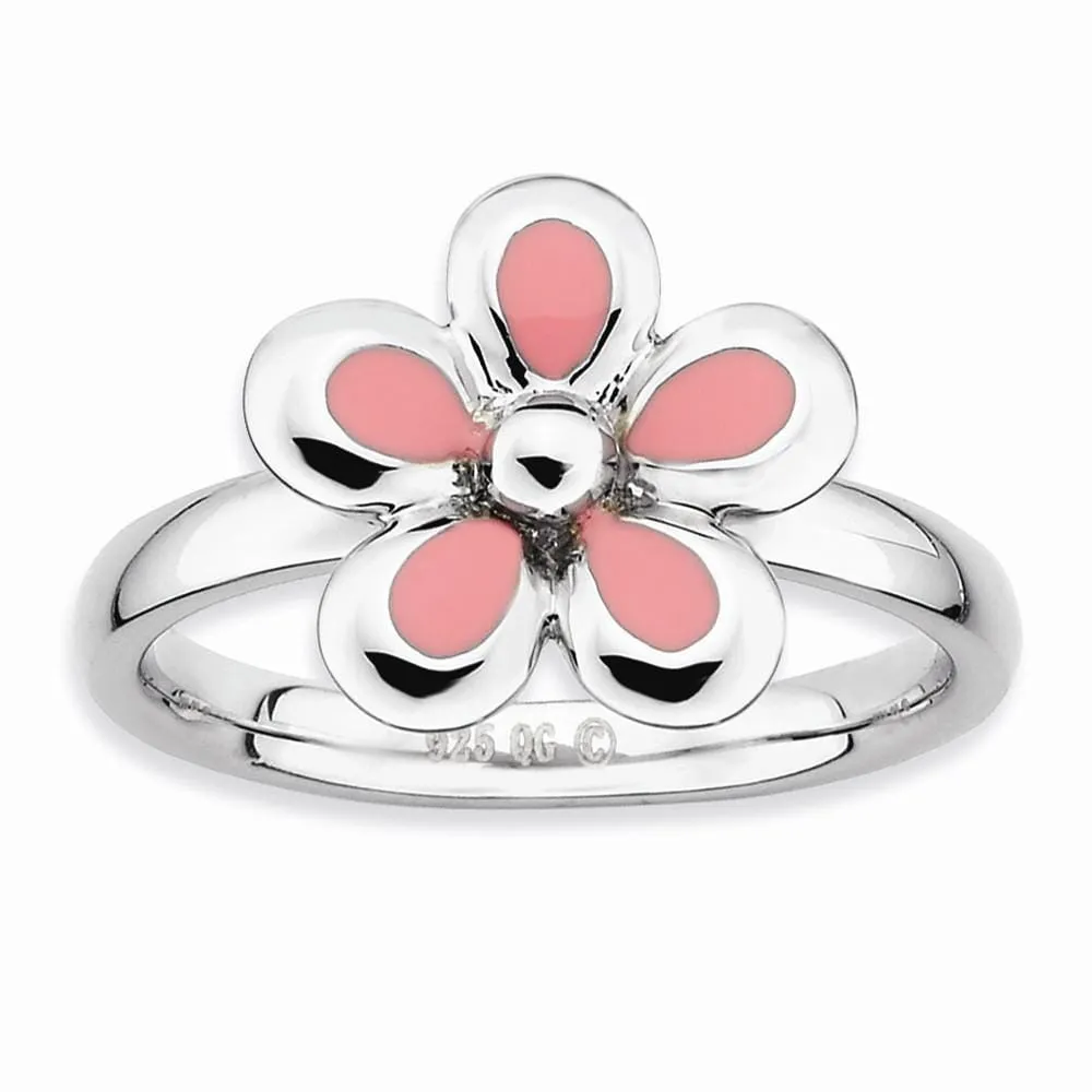 Sterling Silver Pink Enameled Flower Ring