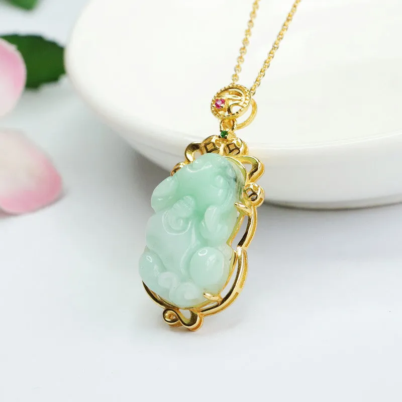 Sterling Silver Pixiu Jade Pendant Necklace with Hollow Edge