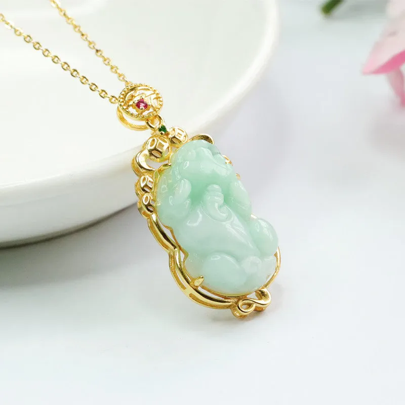 Sterling Silver Pixiu Jade Pendant Necklace with Hollow Edge