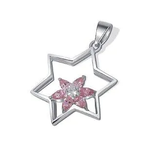 Sterling Silver Star of David Pendant - Pink Stone Flower