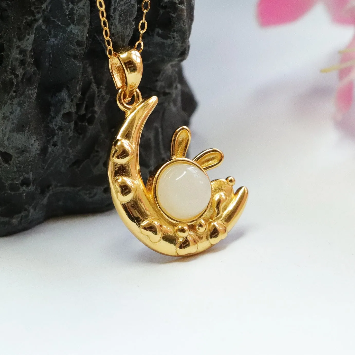 Sterling Silver White Jade Rabbit Moon Necklace with Hetian Jade Pendant