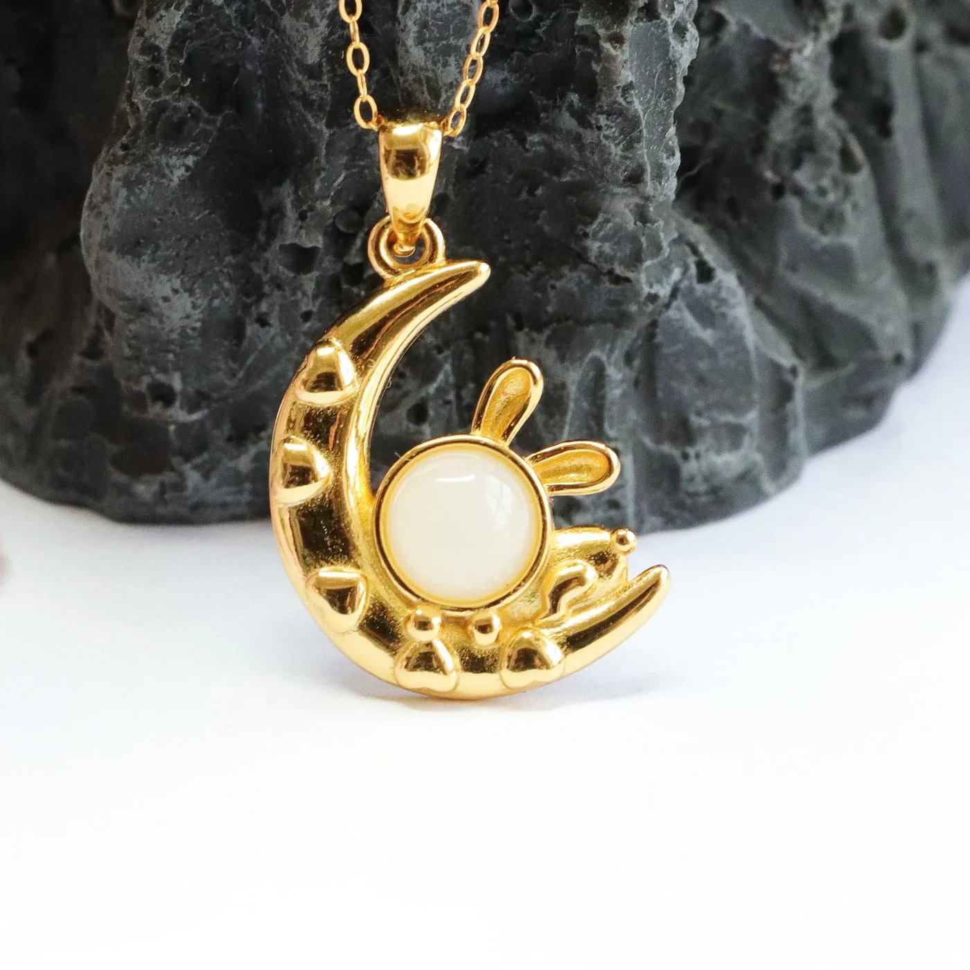 Sterling Silver White Jade Rabbit Moon Necklace with Hetian Jade Pendant