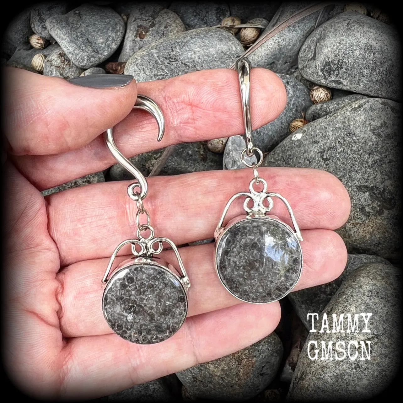 Stingray coral jasper gauged earrings-Hanging gauges