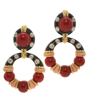 Stud Hoop Earrings, Coral Beads with Black Enamel