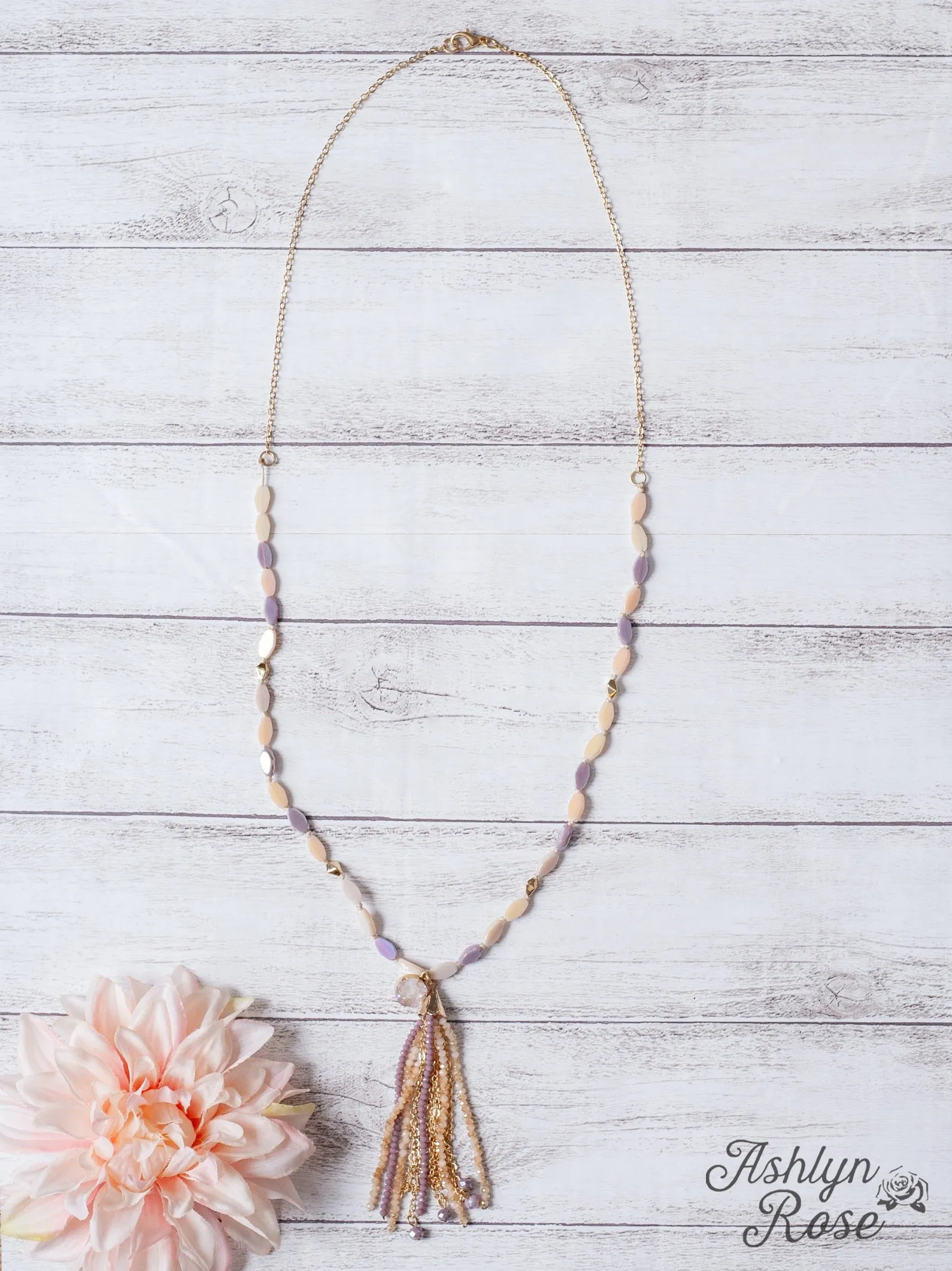 SWEET AND SIMPLE IRIDESCENT DRUZY QUARTZ BEADED TASSEL ON A PINK LAVENDER BEADED NECKLACE