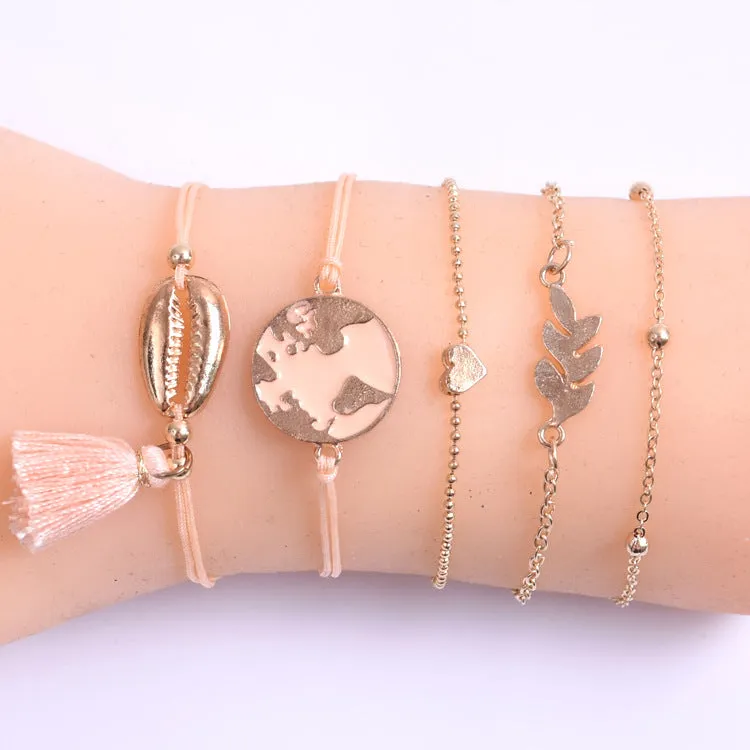 Tassel Chain Braided Rope Leaf Bracelet Set