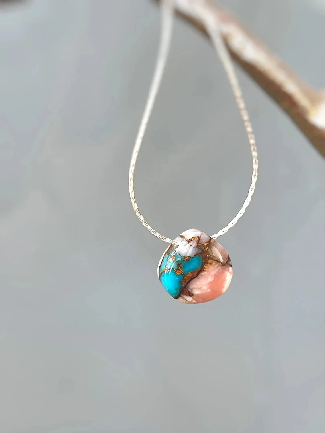 Turquoise and Pink Opal floating gemstone Solitaire Necklace