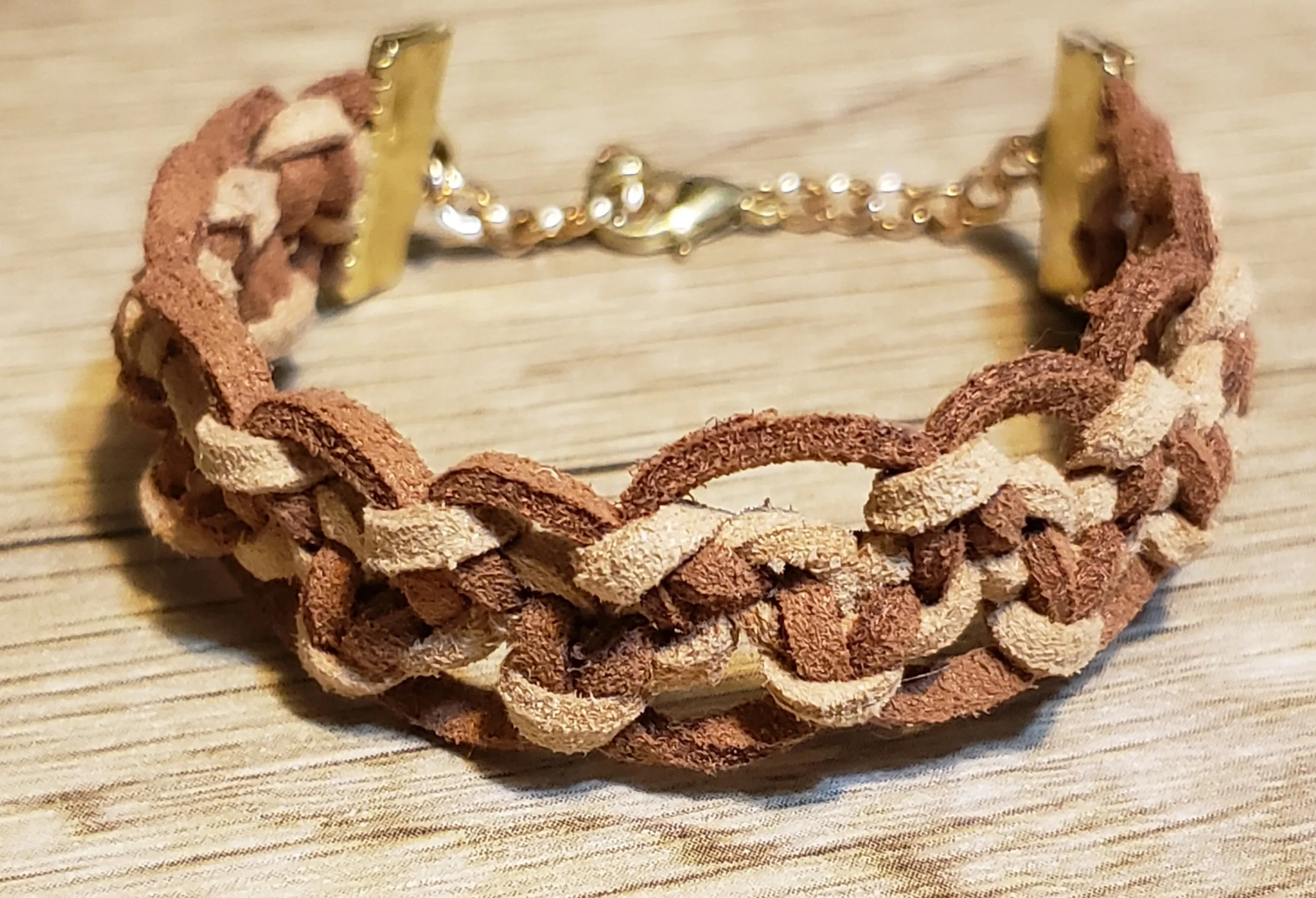 Two Tone Brown Genuine Leather Bracelet with  Adjustable Stainless Steel Chain & Lobster Claw Clasp