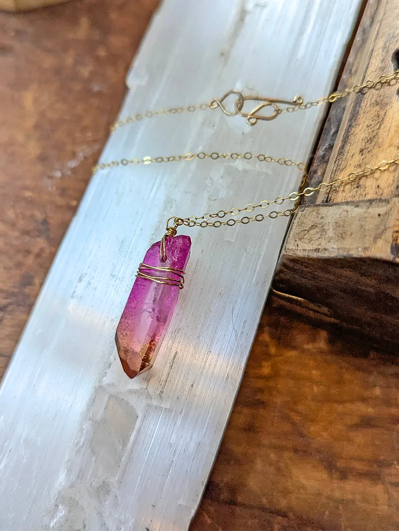 Vannucci Gold Wire Wrapped Quartz Necklace | Pink   Yellow