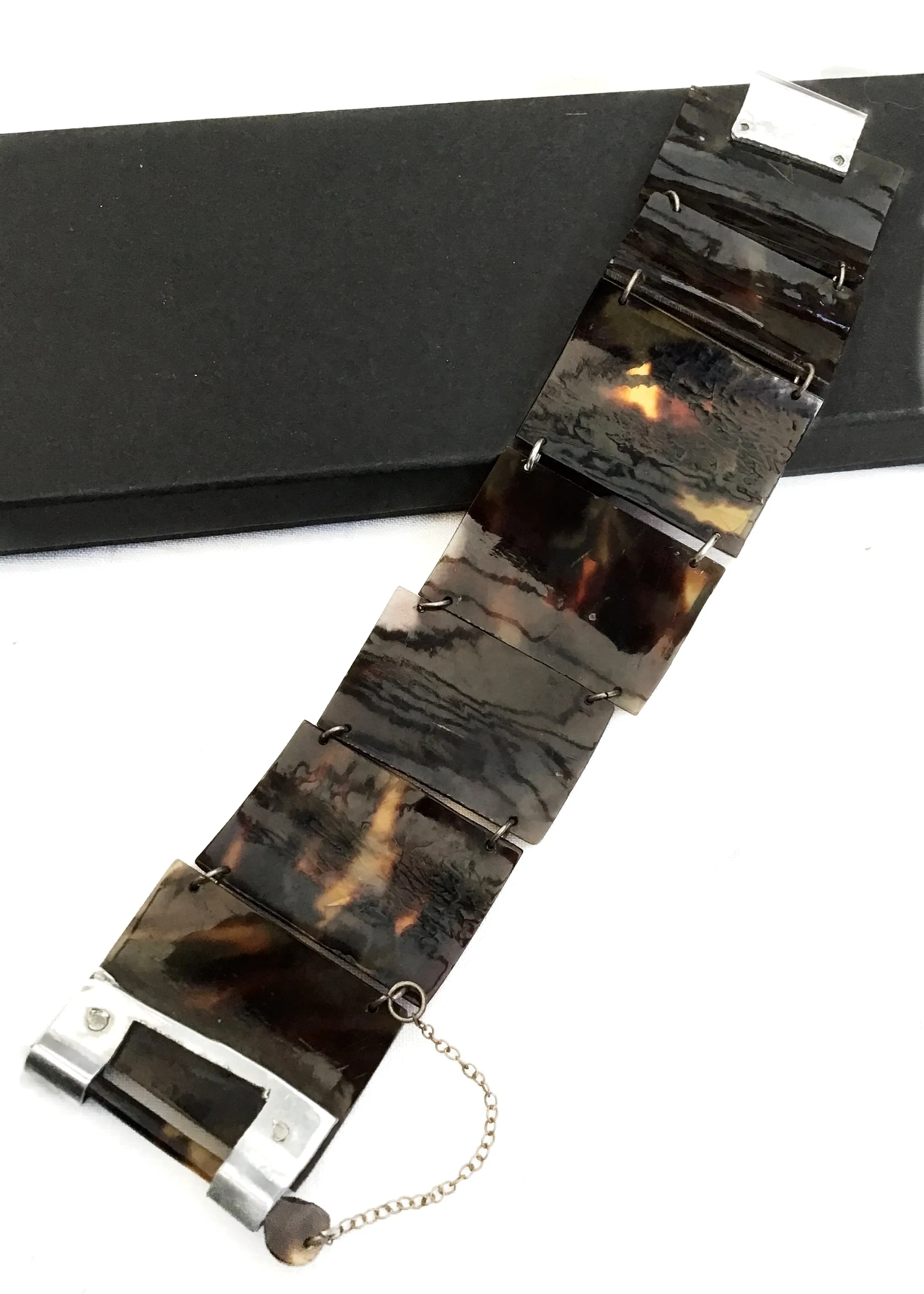 Victorian Faux Tortoiseshell Pique Silver Link Bracelet • South Seas Souvenir