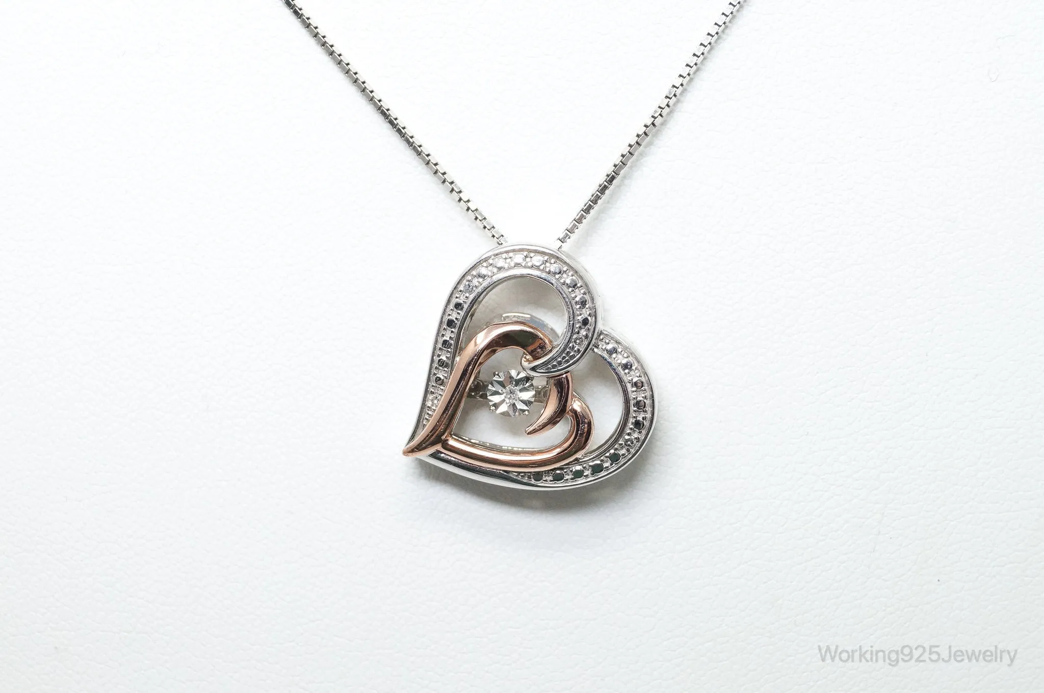 Vintage 10K Rose Gold Diamond Heart Sterling Silver Necklace - 18 Inch Chain