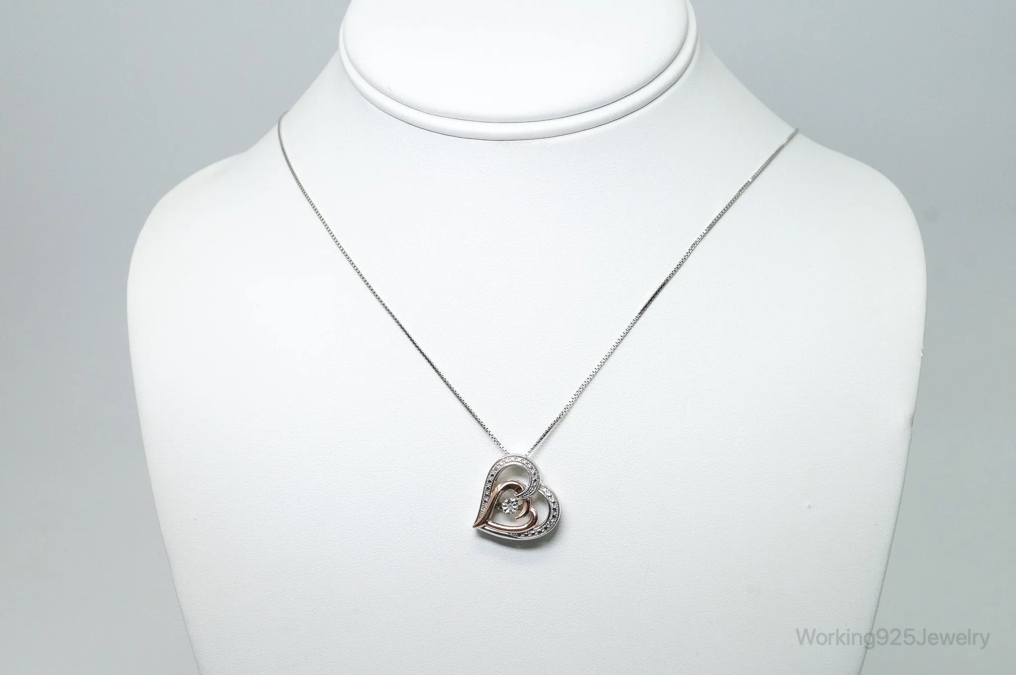 Vintage 10K Rose Gold Diamond Heart Sterling Silver Necklace - 18 Inch Chain