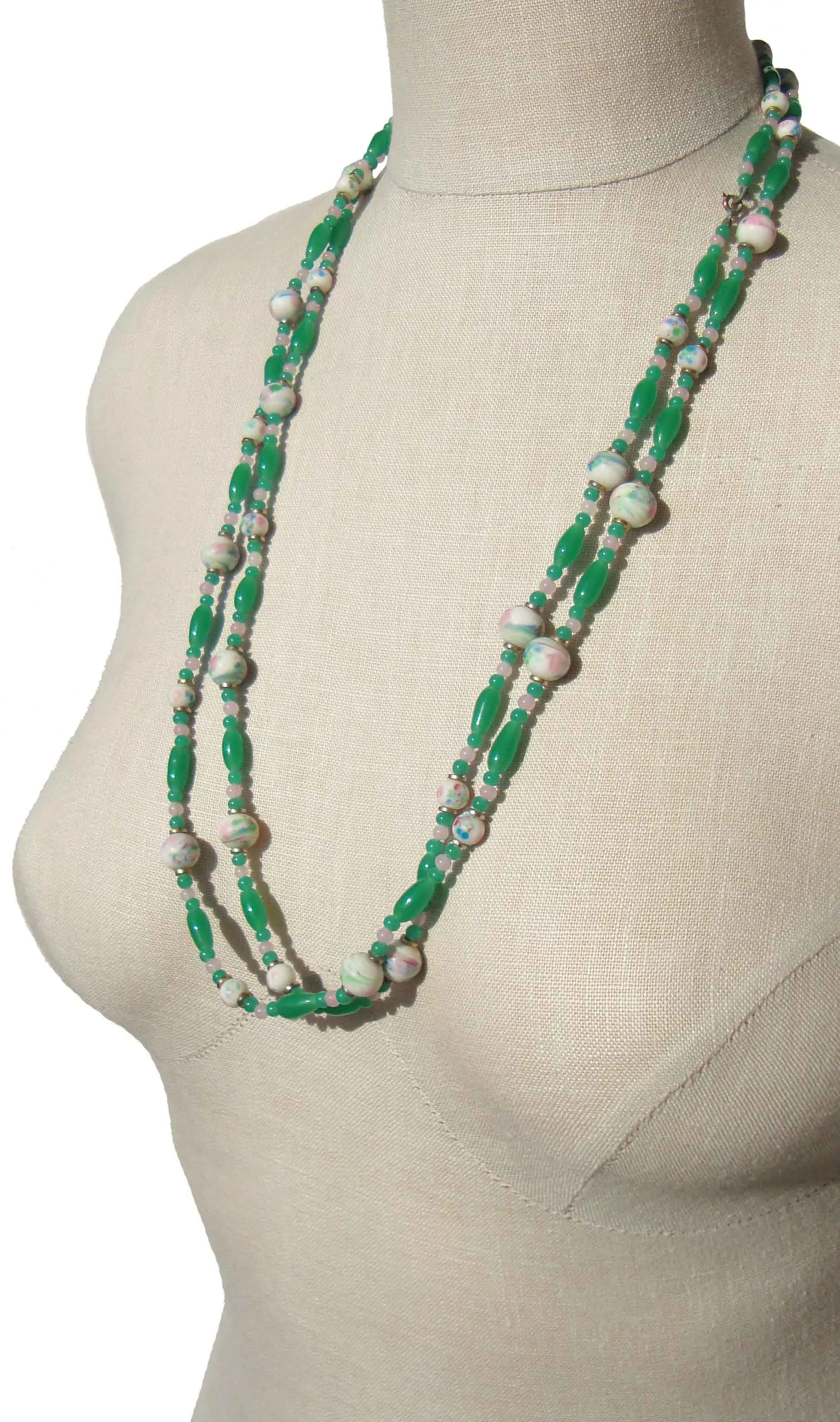 Vintage 60s Beaded Necklace Green Art Glass Japanese Millefiori