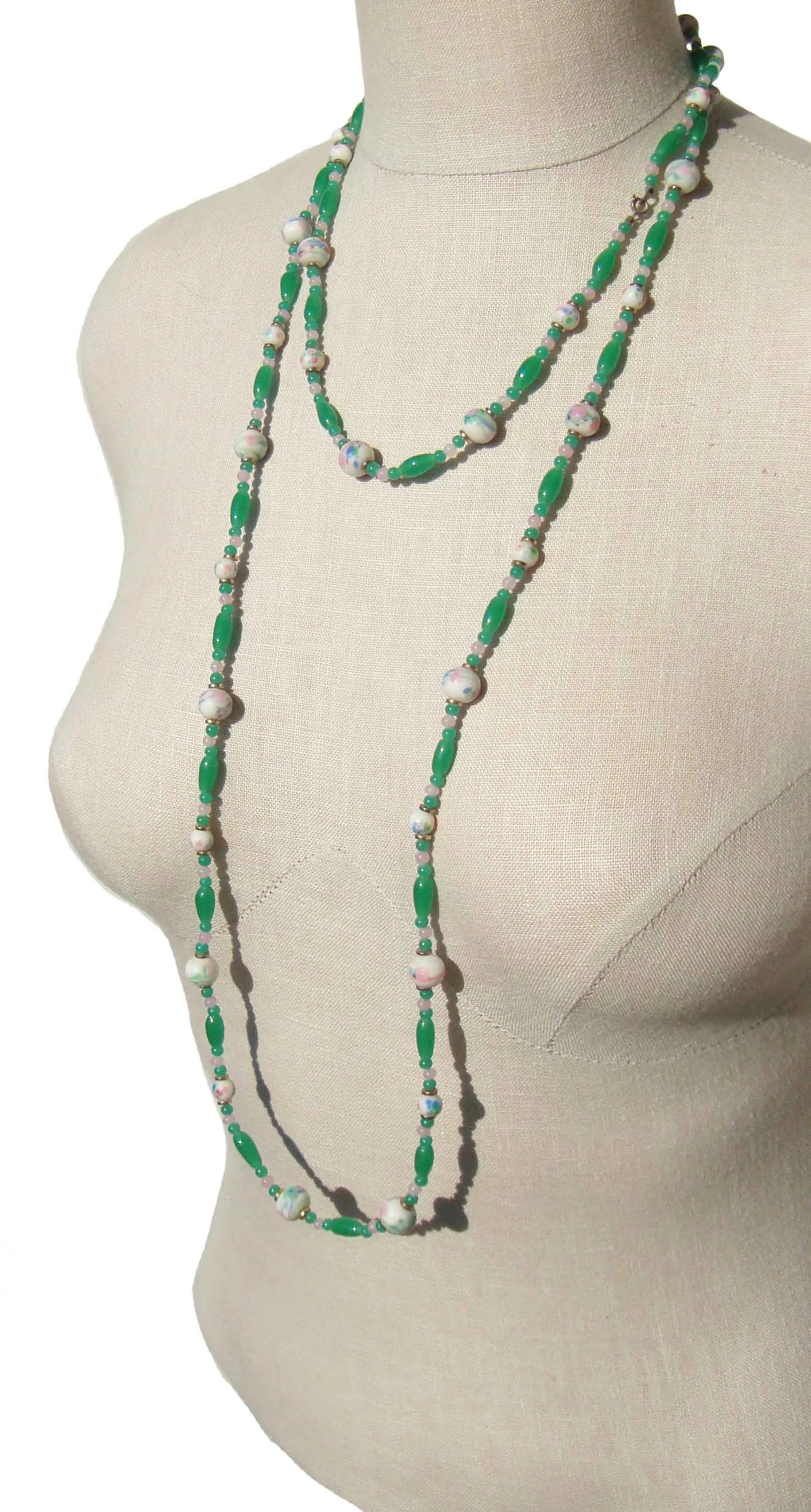 Vintage 60s Beaded Necklace Green Art Glass Japanese Millefiori