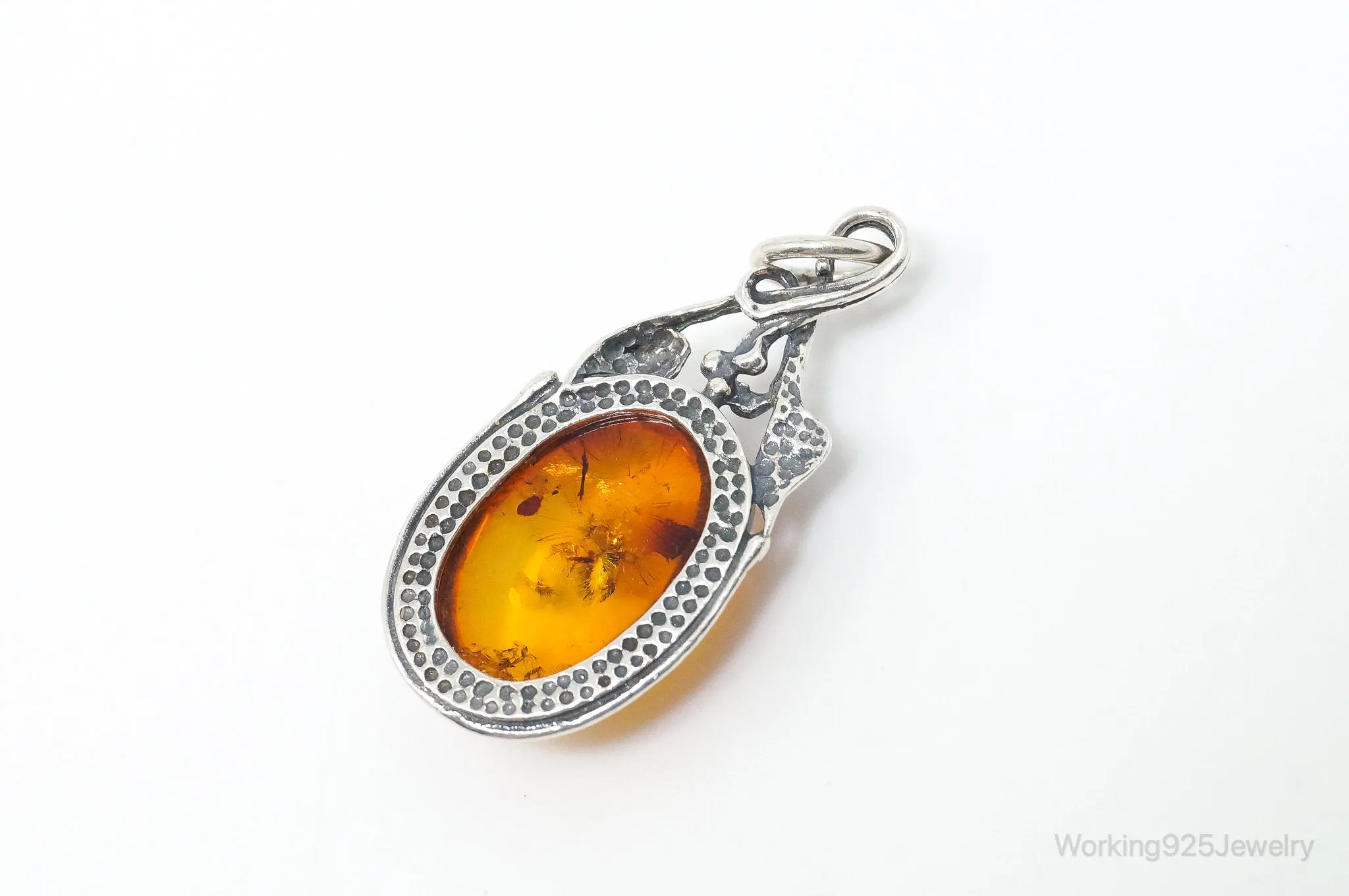 Vintage Amber Modernist Sterling Silver Necklace Pendant