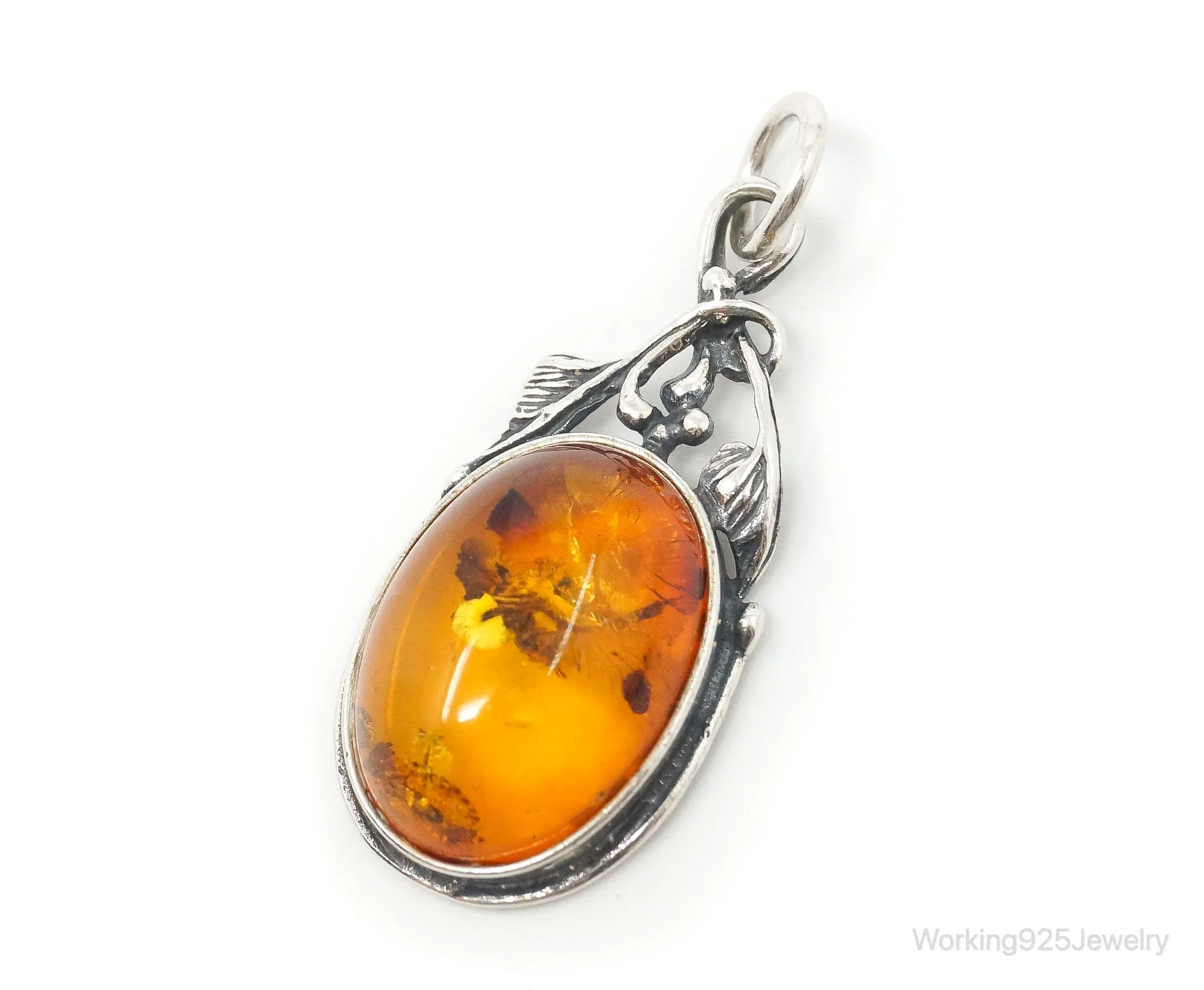 Vintage Amber Modernist Sterling Silver Necklace Pendant