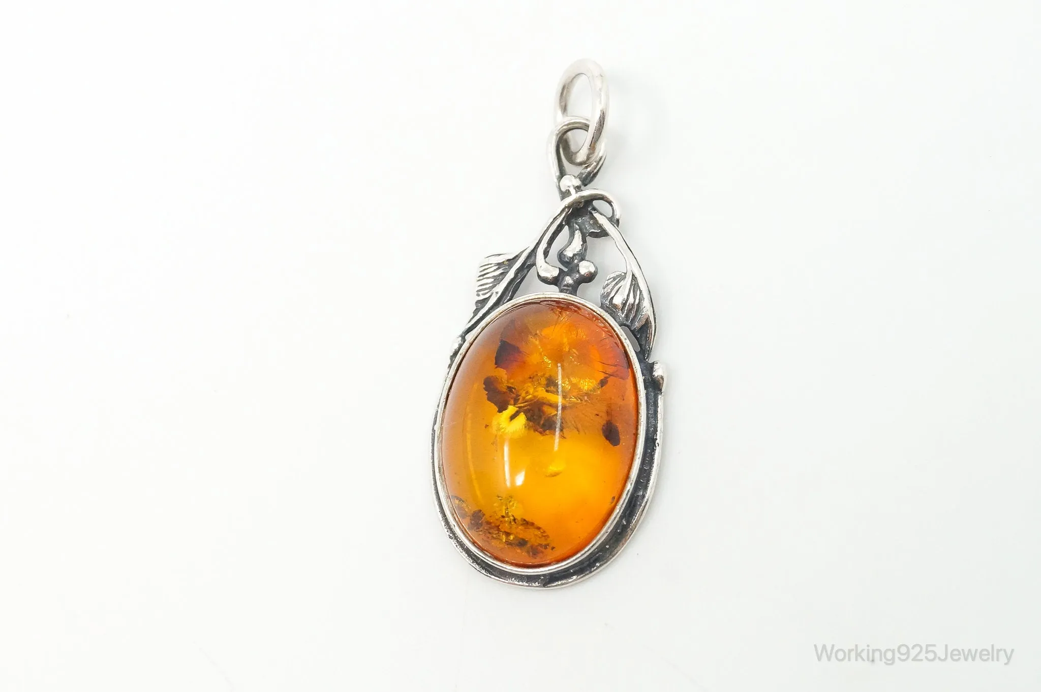 Vintage Amber Modernist Sterling Silver Necklace Pendant