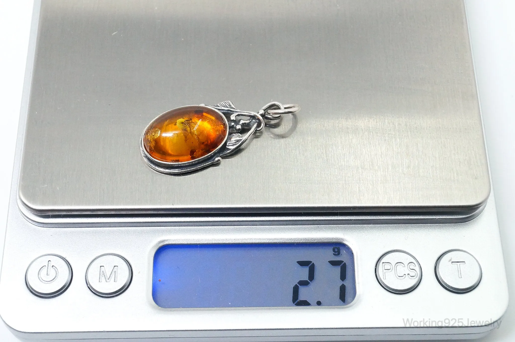 Vintage Amber Modernist Sterling Silver Necklace Pendant