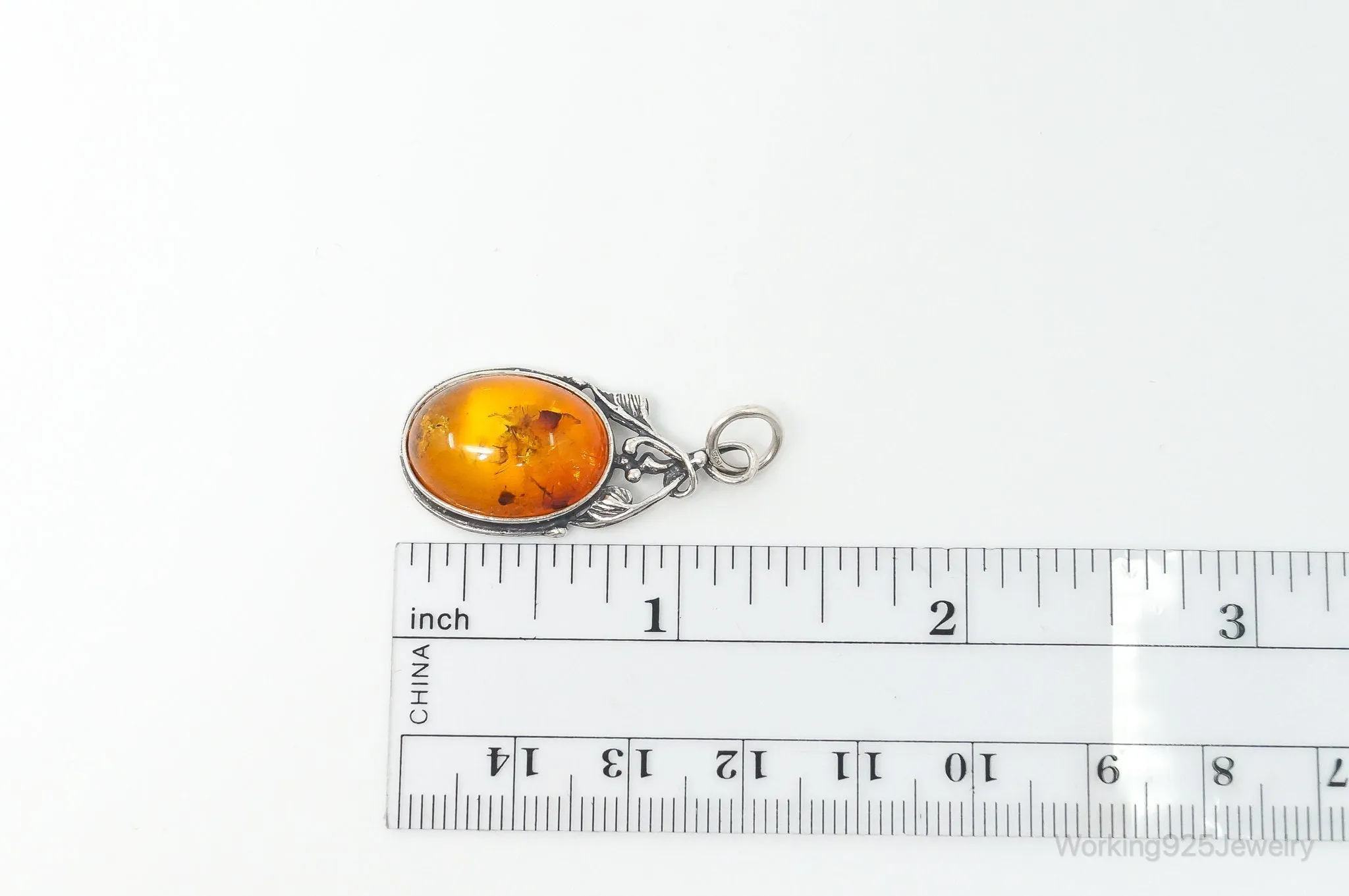 Vintage Amber Modernist Sterling Silver Necklace Pendant