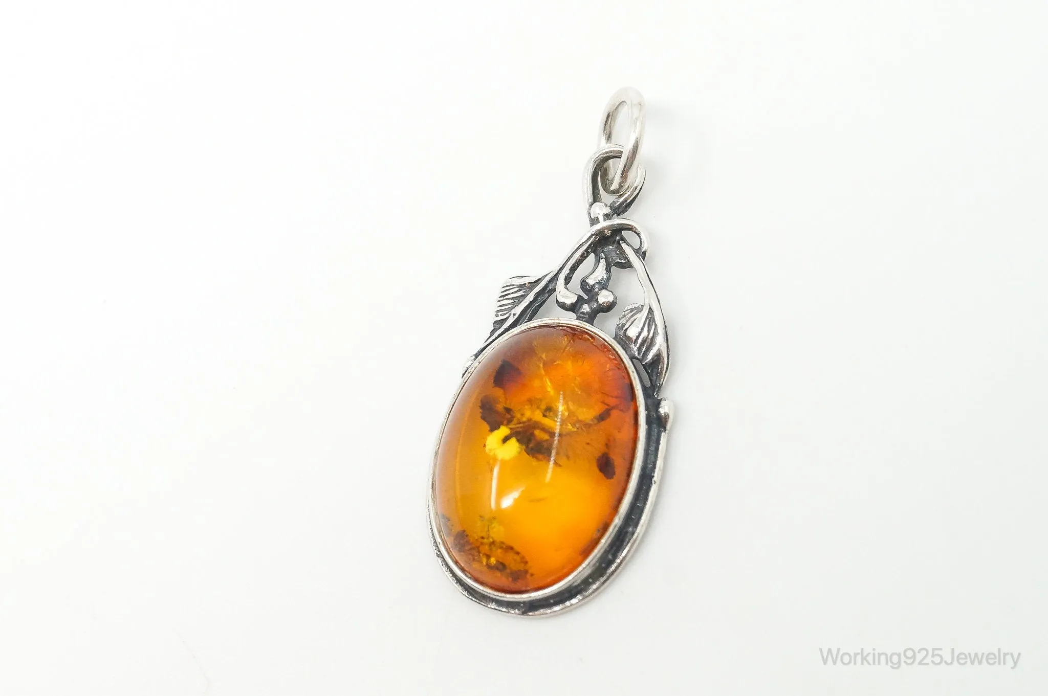 Vintage Amber Modernist Sterling Silver Necklace Pendant