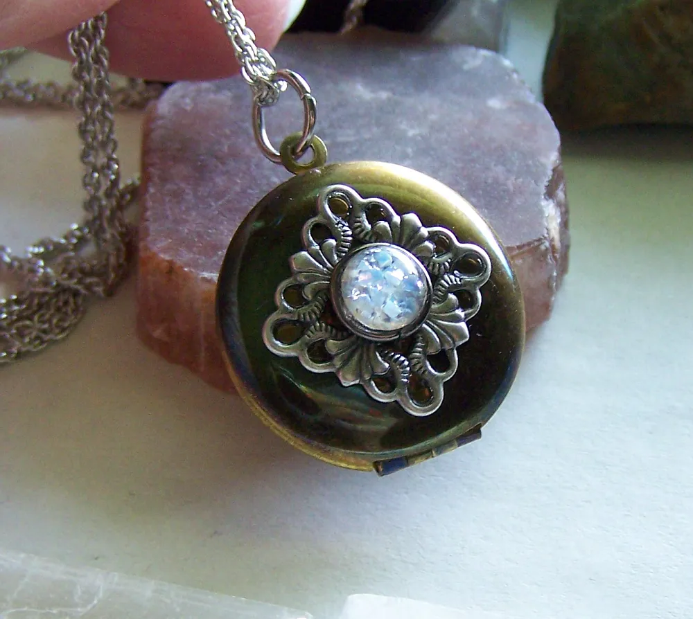 Vintage Brass Locket Silver Filigree Opal Locket Pendant