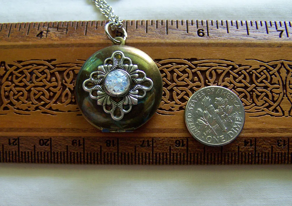 Vintage Brass Locket Silver Filigree Opal Locket Pendant