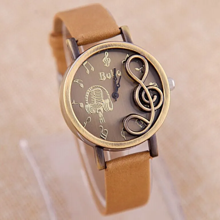 Vintage Copper Alloy Modern musical symbols Dress watches Personality Popular high-end Leather Strap Quartz Casual Watches gift