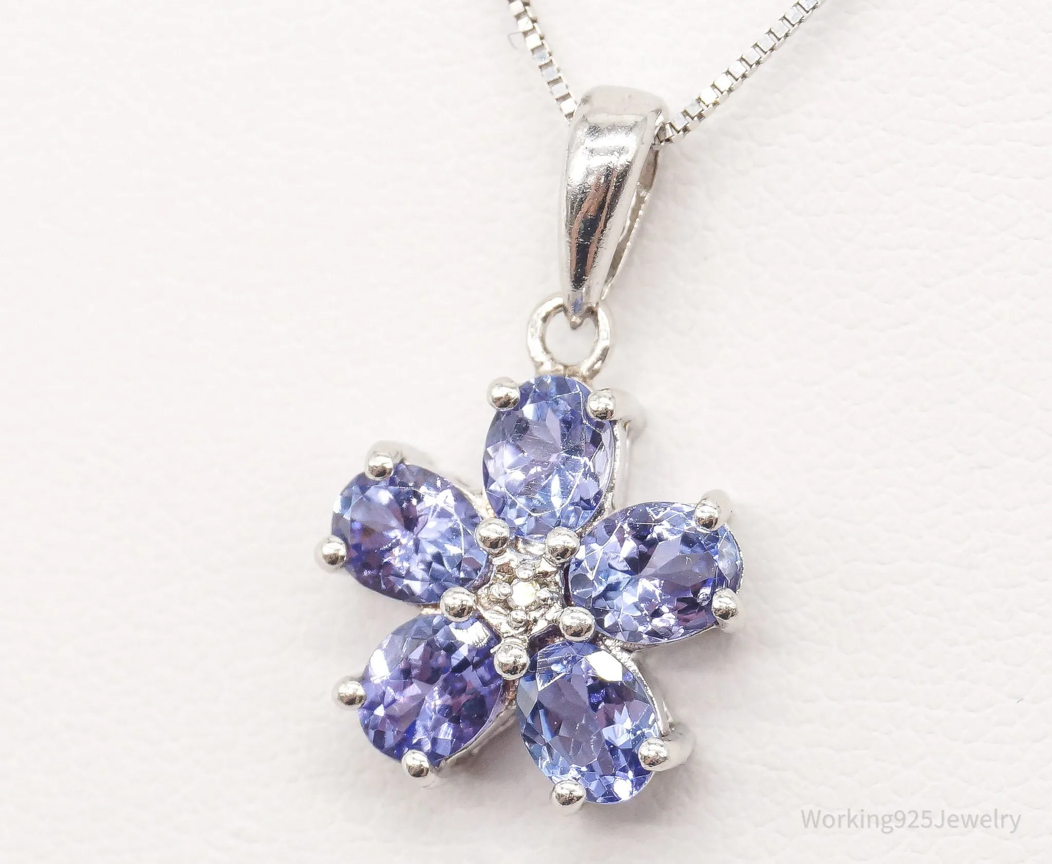 Vintage Designer SAI Iolite Single Diamond Sterling Silver Flower Necklace