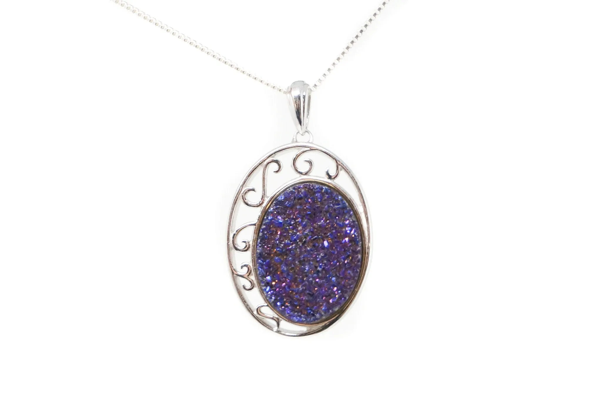 Vintage Designer TGGC Purple Druzy Quartz Art Deco Style Sterling Silver Pendant