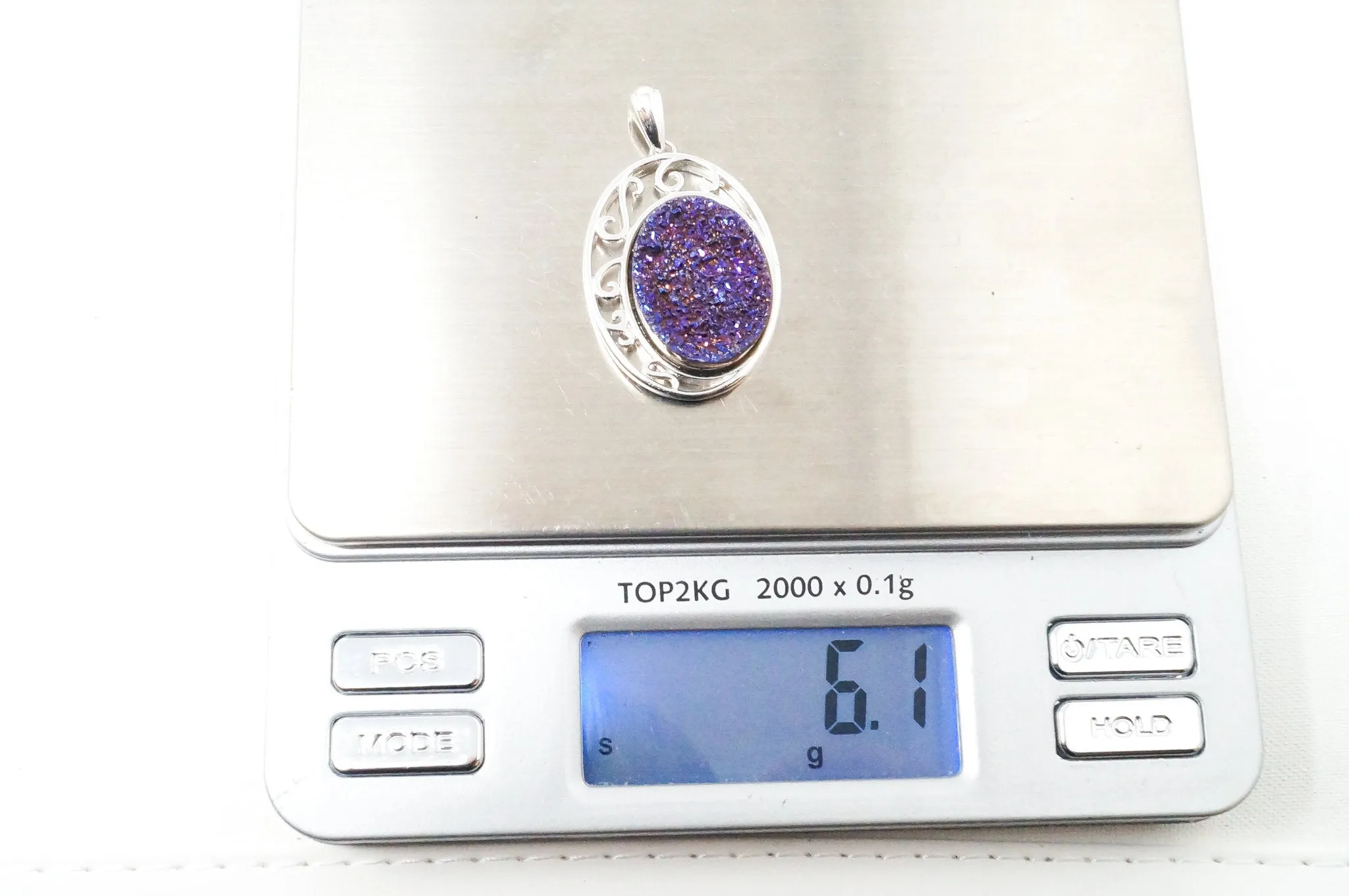 Vintage Designer TGGC Purple Druzy Quartz Art Deco Style Sterling Silver Pendant