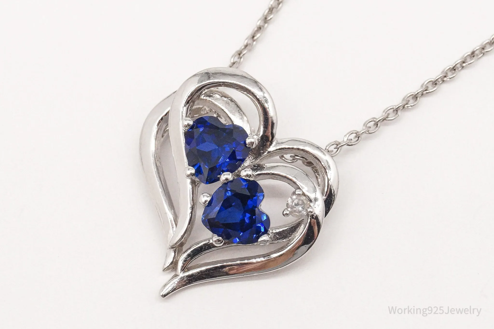 Vintage Lab Sapphire Diamond Heart Sterling Silver Necklace 18"