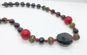 Vintage Necklace with Red and Black Beads