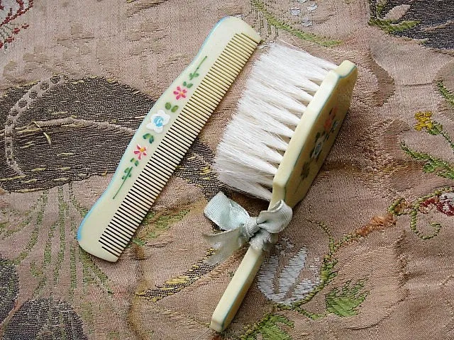 VINTAGE Sweet Hand Painted Baby Hair Brush Comb Set FRENCH Ivory Celluloid Pink White ROSES Flowers Baby Shower Gift Downton Abbey Era