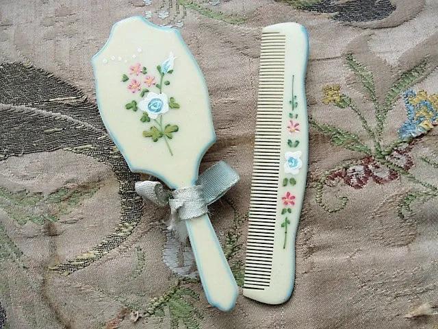 VINTAGE Sweet Hand Painted Baby Hair Brush Comb Set FRENCH Ivory Celluloid Pink White ROSES Flowers Baby Shower Gift Downton Abbey Era