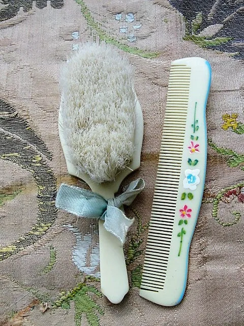 VINTAGE Sweet Hand Painted Baby Hair Brush Comb Set FRENCH Ivory Celluloid Pink White ROSES Flowers Baby Shower Gift Downton Abbey Era