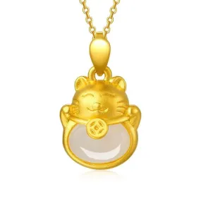 White and Gold Lucky Cat Jade Necklace Jewelry