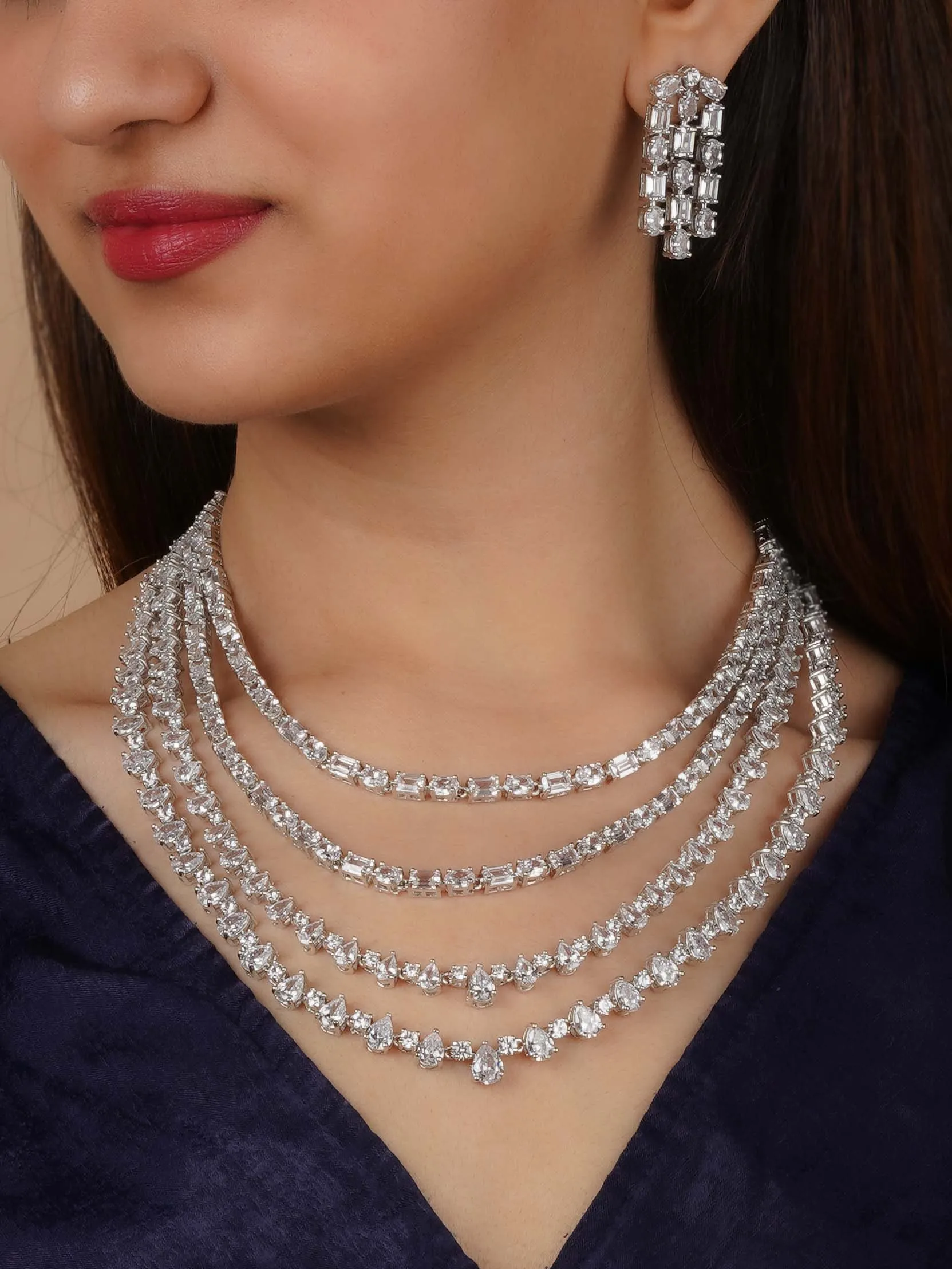 White Color Silver Plated Faux Diamond Necklace Set - CZSET355