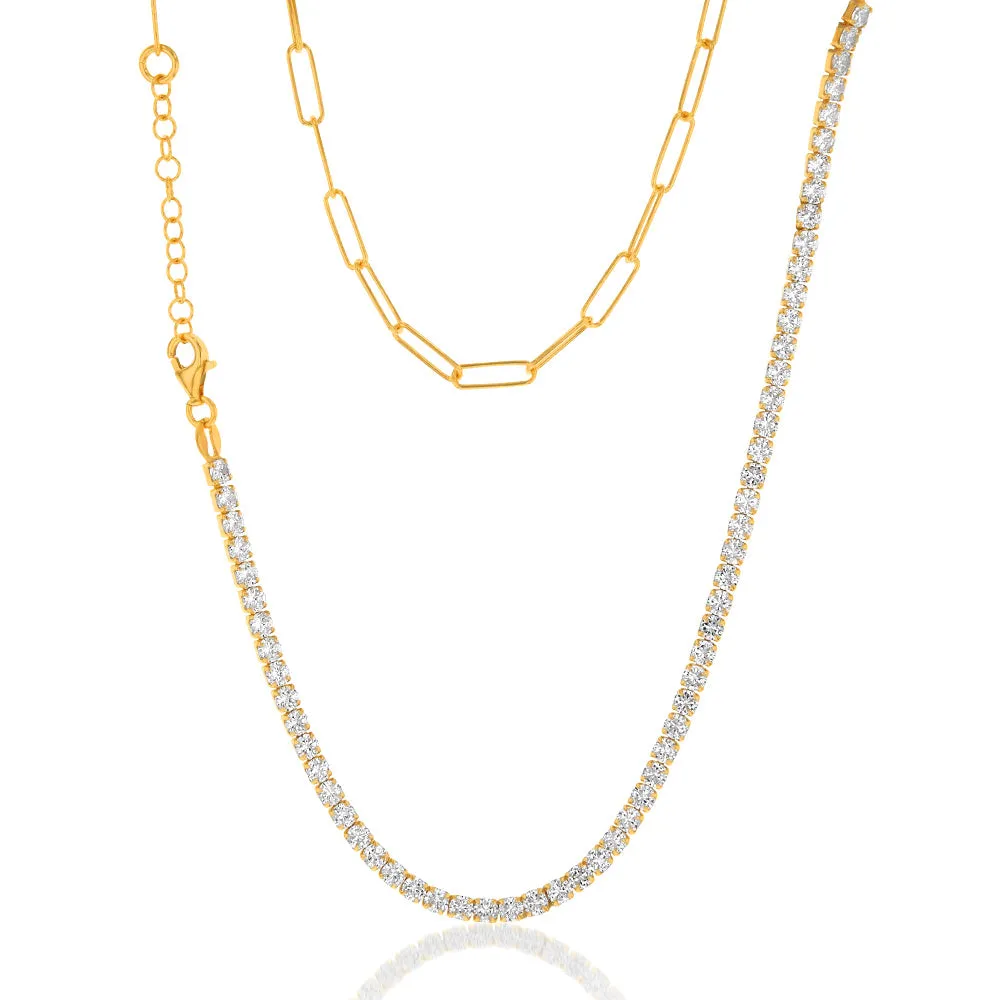 Yellow Gold Plated Sterling Silver CZ String And Paperclip Half N Half 45cm Chain