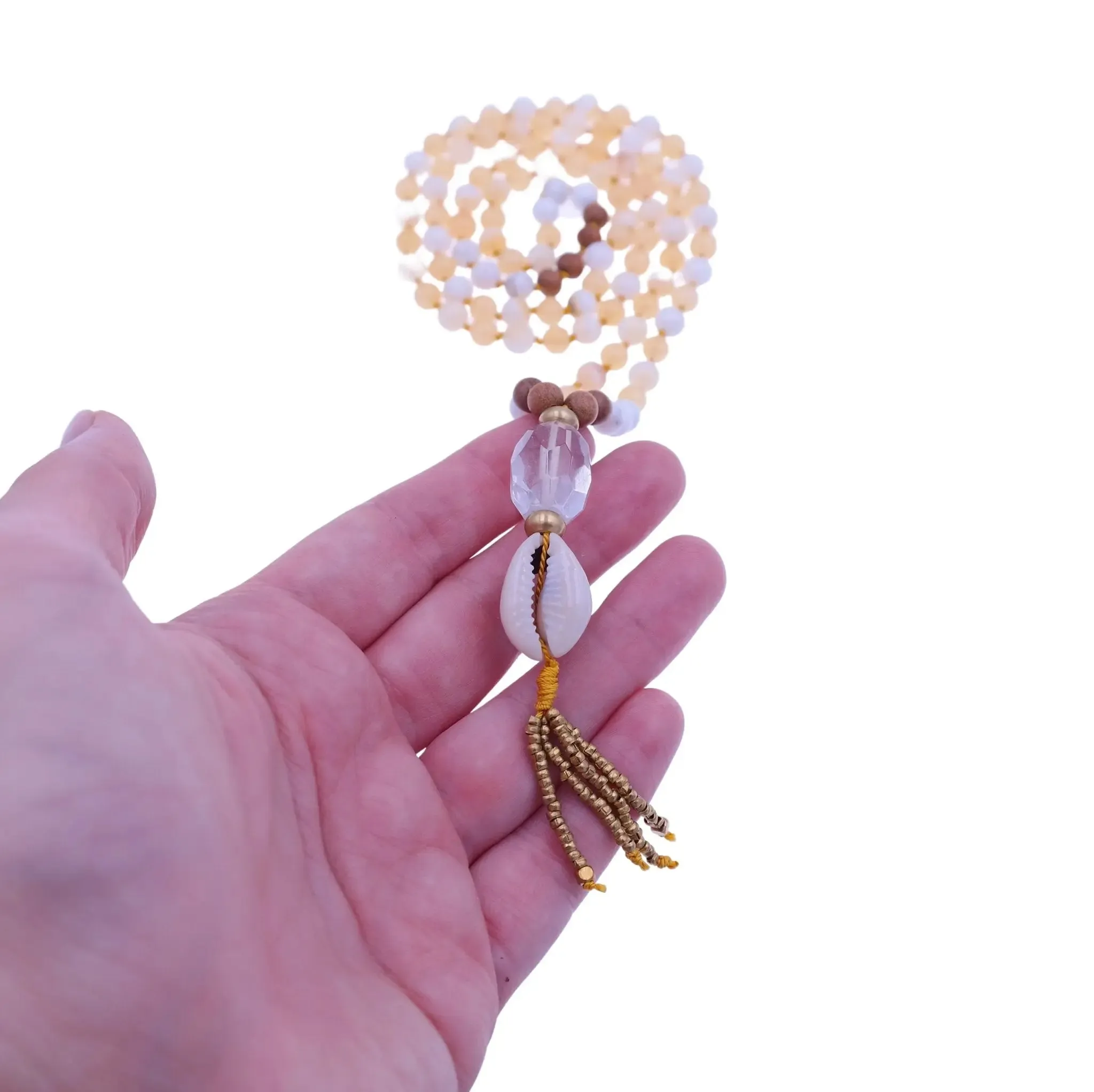 Yellow Jade Mala Necklace with Cowrie Shell - Happiness Mala Beads