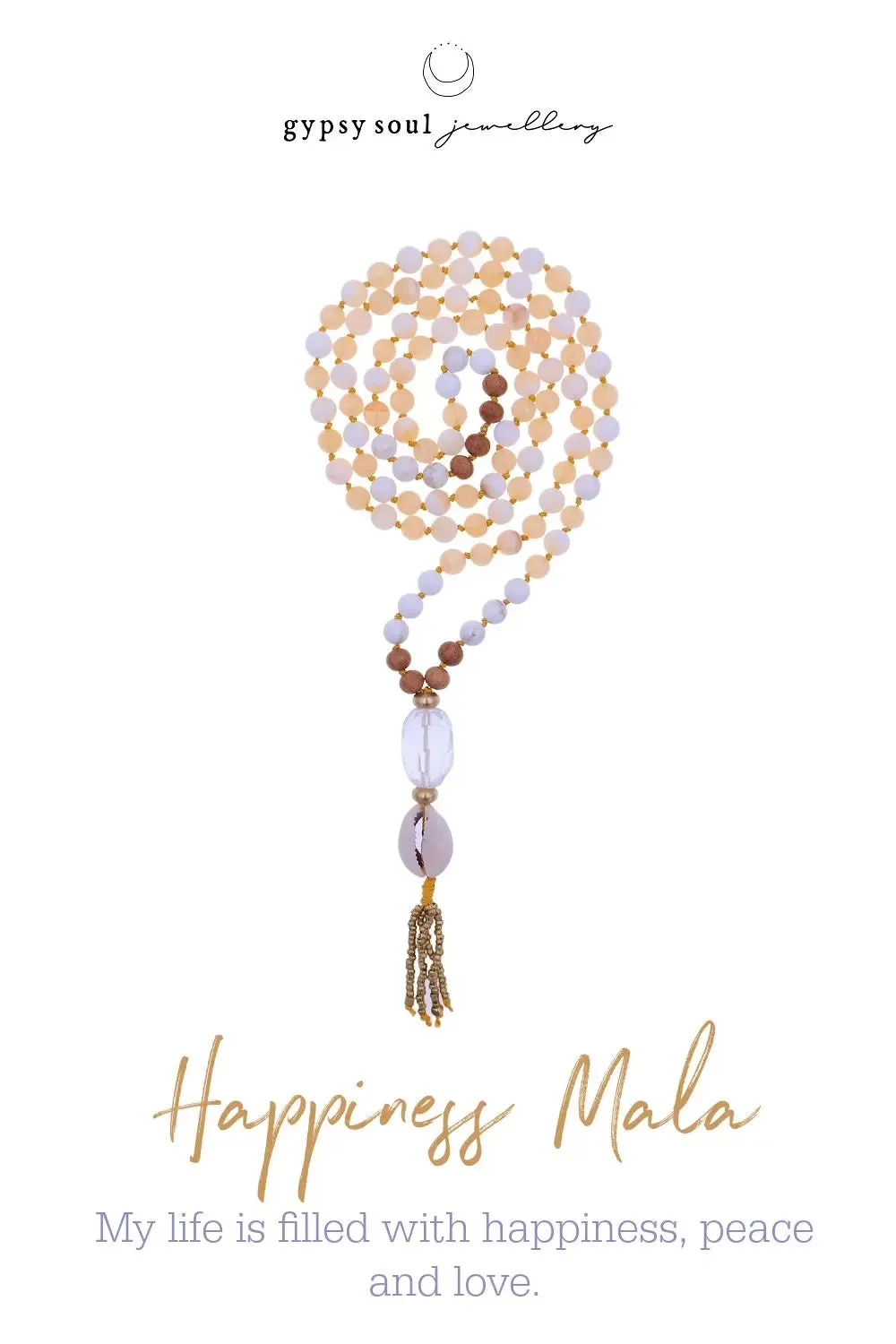 Yellow Jade Mala Necklace with Cowrie Shell - Happiness Mala Beads