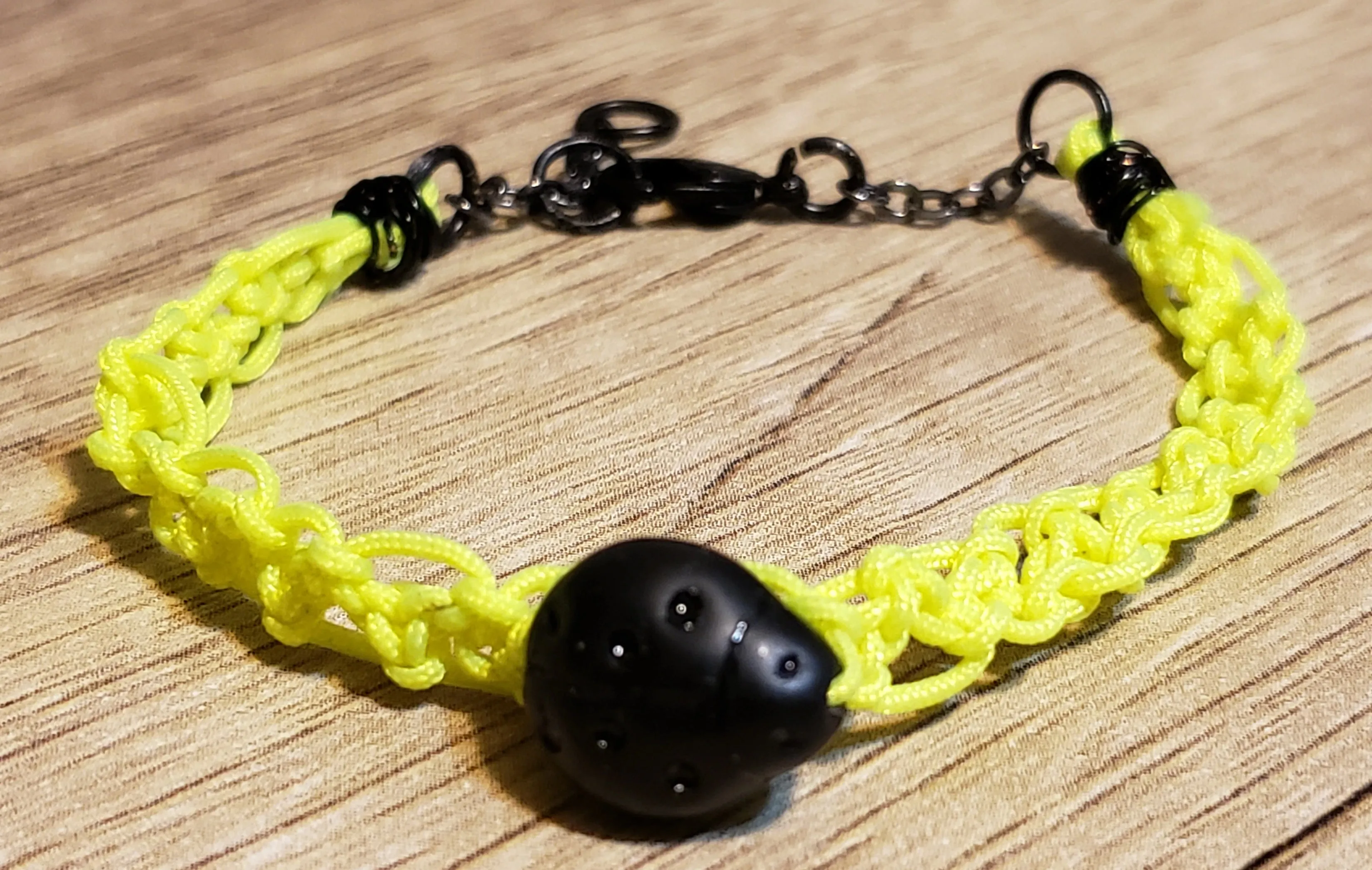 Yellow Nylon Bracelet with Czech Glass Ladybug & Black Coated Chain & Lobster Claw Clasp