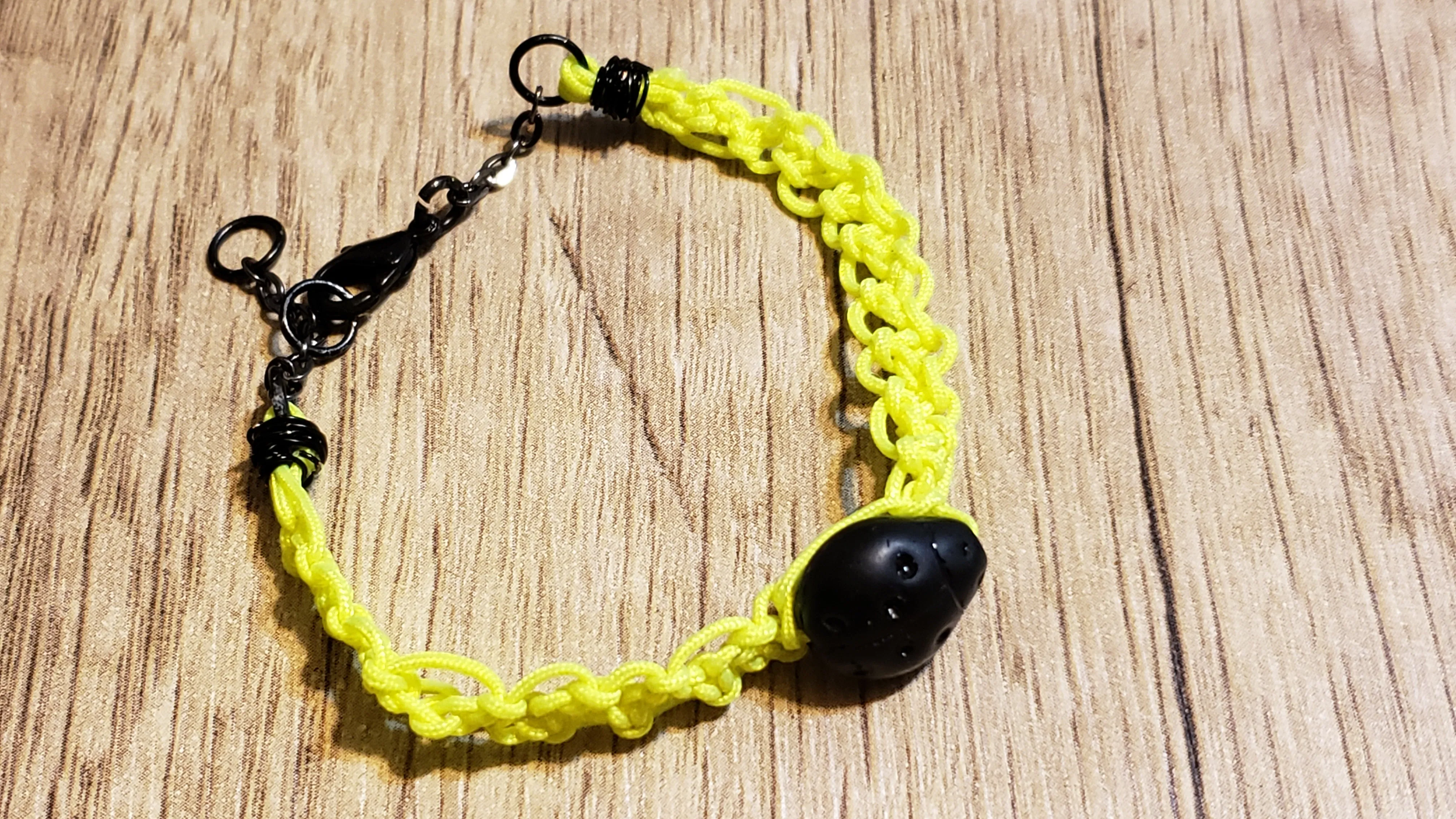 Yellow Nylon Bracelet with Czech Glass Ladybug & Black Coated Chain & Lobster Claw Clasp