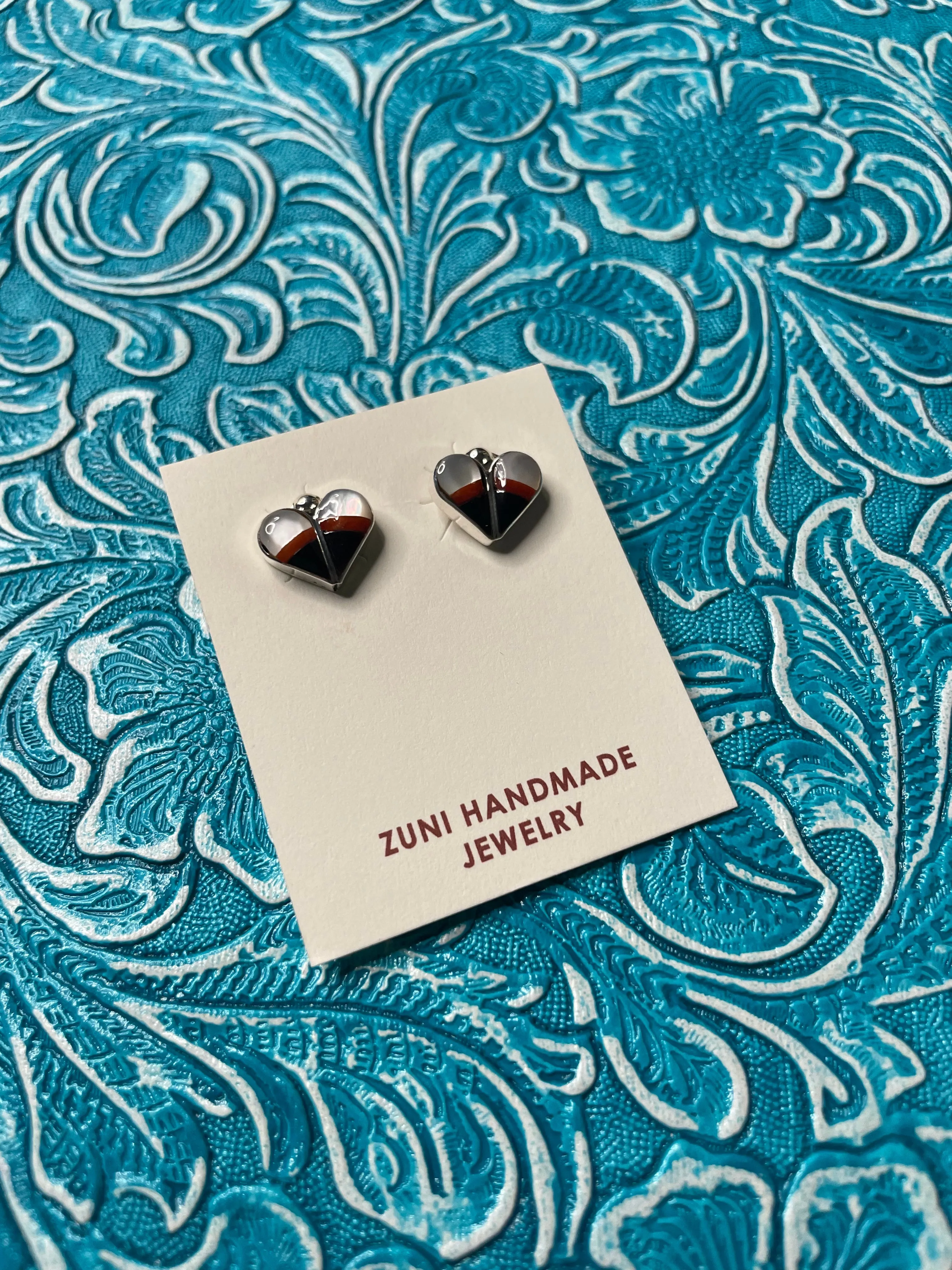 Zuni Sterling Silver, Coral, Onyx, & Mother of Pearl Stud Heart Earrings